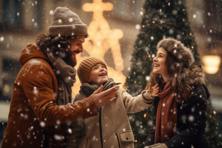 A family with a child is having fun in a snowy city near a Christmas treeの素材