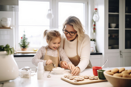Mother and daughter joyfully bake Christmas gingerbread cookies in a bright, white kitchenの素材