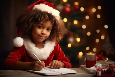 An Afro-American girl with curly hair, donning a Christmas hat, writes a letter to Santa Clausの素材