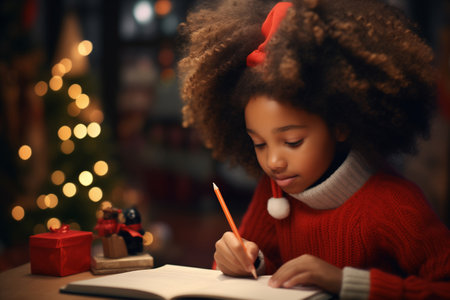 A girl with curly hair, African American, joyfully composes a letter to Santa Clausの素材