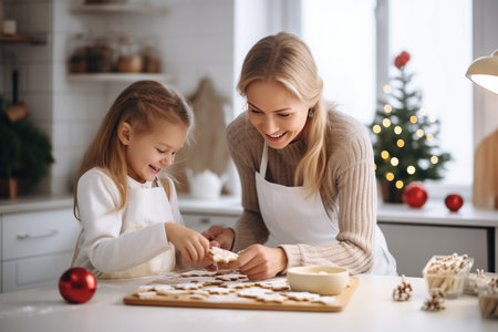 Mother and daughter joyfully bake Christmas gingerbread cookies in a bright, white kitchenの素材