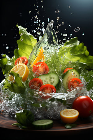 Vegetables and greens adorned with a refreshing splash of water, capturing the essence of freshnessの素材