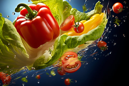 Fresh vegetables levitate amid water splashes against a vibrant blue backgroundの素材