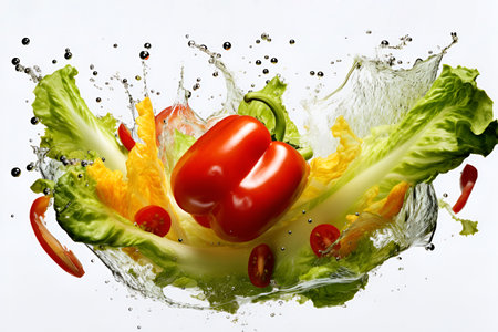Levitation of fresh vegetables with splashes of water on a white backgroundの素材