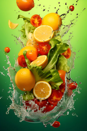 Fresh vegetables and fruits levitate, surrounded by playful water splashes on a green backgroundの素材