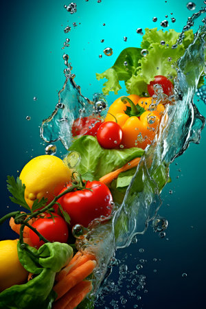 Levitation of fresh vegetables and fruits with splashes of water on a blue backgroundの素材