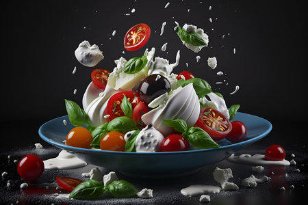 A salad featuring tomatoes, basil leaves, and cream cheese, blending freshness and savory flavorsの素材