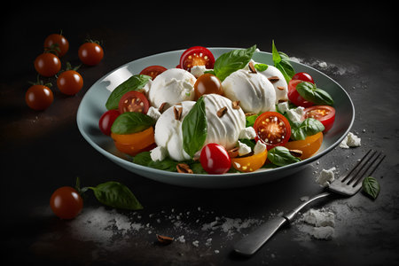 A salad featuring tomatoes, basil leaves, and cream cheese, blending freshness and savory flavorsの素材