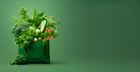 Shopping bag with fresh vegetables and greens on a green background, bannerの素材