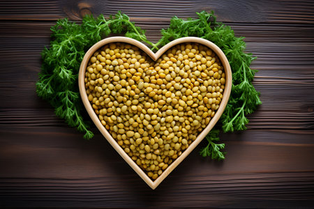 Heart-shaped bowl on a wooden background filled with beans, creating a rustic and charming displayの素材