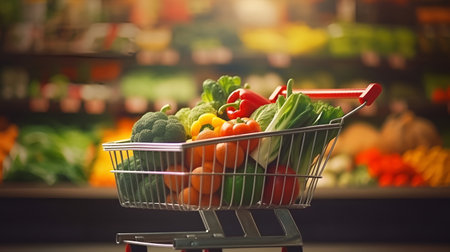 A shopping cart with vegetables on a supermarket backgroundの素材