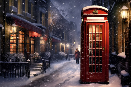 A classic red telephone booth graces a winter street, covered in snowの素材