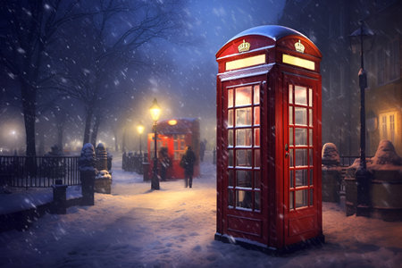 A classic red telephone booth graces a winter street, covered in snowの素材