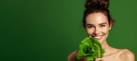 A young woman holds crisp lettuce leaves in her hands on a green background, bannerの素材