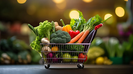 A shopping cart with vegetables on a supermarket backgroundの素材