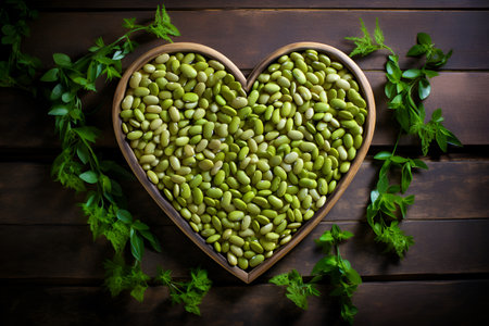 Heart-shaped bowl on a wooden background filled with beans, creating a rustic and charming displayの素材