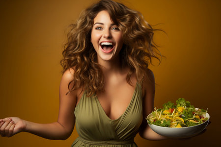 On a warm brown background, a young vegan woman holding a bowl filled with an appetizing saladの素材