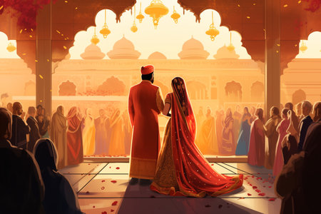 Illustration of Indian wedding ceremony with bride and groom in traditional clothes, back viewの素材