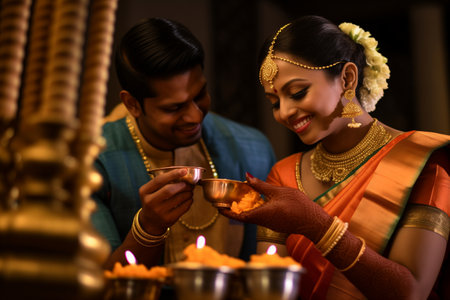 At the wedding ceremony in southern India, a groom and bride dressed in traditional attireの素材