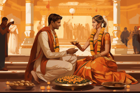 Illustration of an Indian wedding ceremony with a bride and groom in traditional attireの素材