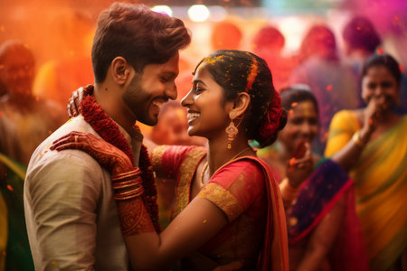 In a celebration of love, an Indian bride and groom share their first wedding danceの素材