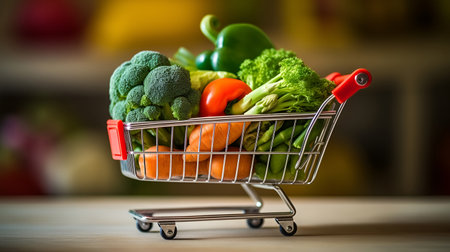 A shopping cart with vegetables on a supermarket backgroundの素材
