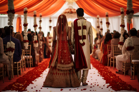 In traditional attire, an Indian bride and groom stand at their wedding ceremony, back viewの素材