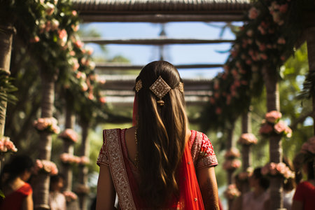 Clad in traditional attire, an Indian bride stands at her wedding ceremony, captured from the backの素材