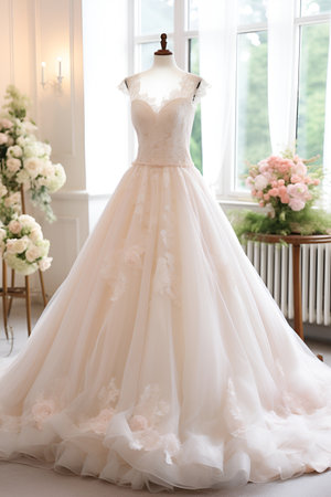 The bride's exquisite wedding dress delicately showcased on a mannequin within the storeの素材