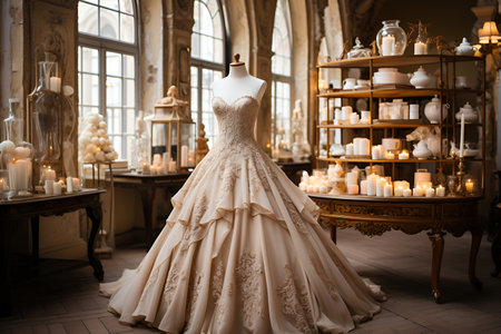 The bride's vintage dress displayed in a charming store adorned with enchanting wedding decorの素材