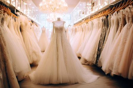Bridal boutique showcasing wedding dresses, a delightful array for the bride to choose fromの素材