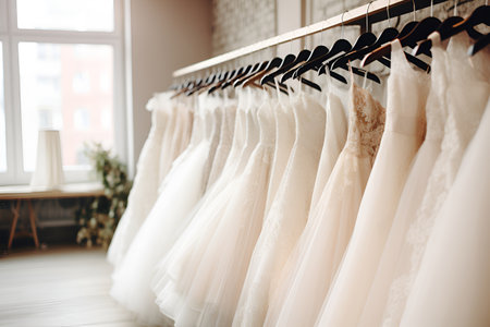 Bridal boutique showcasing wedding dresses, a delightful array for the bride to choose fromの素材