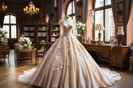 The bride's vintage dress displayed in a charming store adorned with enchanting wedding decorの素材