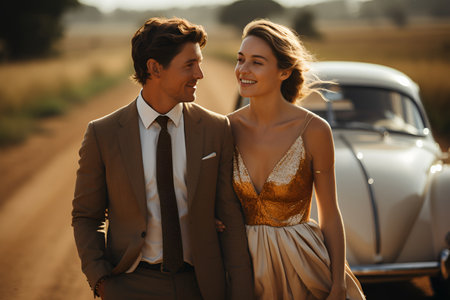 Groom and bride on country road near retro car, wedding tripの素材