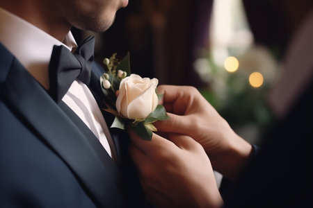 A companion assists the groom in securing a floral boutonniere to his jacketの素材