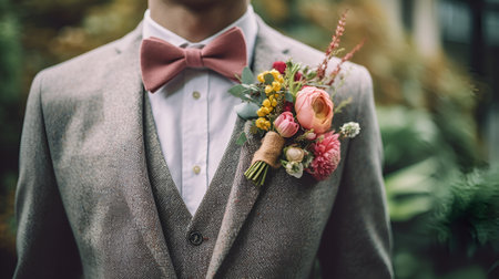 Groom's floral boutonniere, adorned on the jacket, adds a touch of elegance to wedding attireの素材