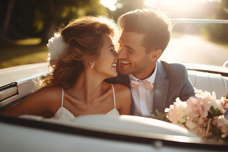 A newly married couple goes on a honeymoon trip by carの素材