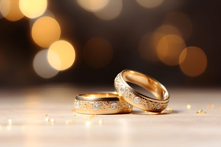 Wedding rings with diamonds on a golden background with bokehの素材