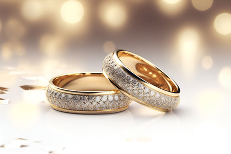 Wedding gold rings close up on a light backgroundの素材