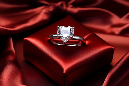 Heart shaped diamond proposal ring on red velvet background, Valentines dayの素材