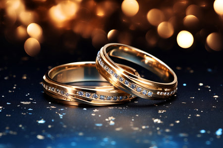 Diamond wedding rings for bride and groom with gold bokehの素材