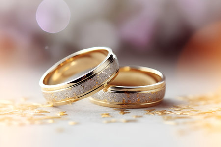 Close-up of gold wedding rings on a light backdropの素材