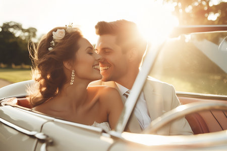 Just married couple embarks on a romantic honeymoon journey, cruising together in a carの素材