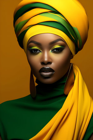 African woman in a turban adorned in striking green and yellow colorsの素材