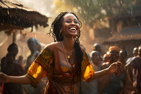 A young African woman dances in the rain on a country streetの素材