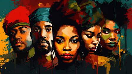Vibrant illustration celebrating African women and men, a tribute for Black History Monthの素材