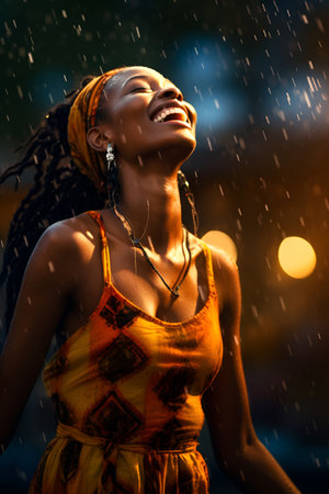 Young beautiful African woman dancing in the rain, Black History Monthの素材