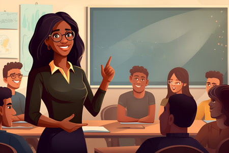 A cheerful African American female educator delivers an engaging lecture with a smile, Illustrationの素材