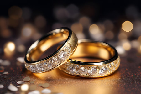Wedding rings with diamonds for the bride and groom on a gold background with bokehの素材