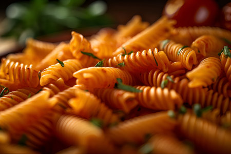 Delicious appetizing Italian pasta with sauce and greens, close upの素材